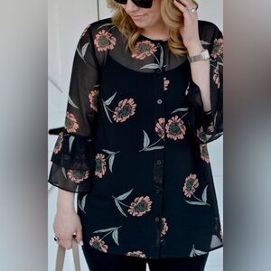 CAbi Sheer Black Floral Button Down Blouse Shirt S